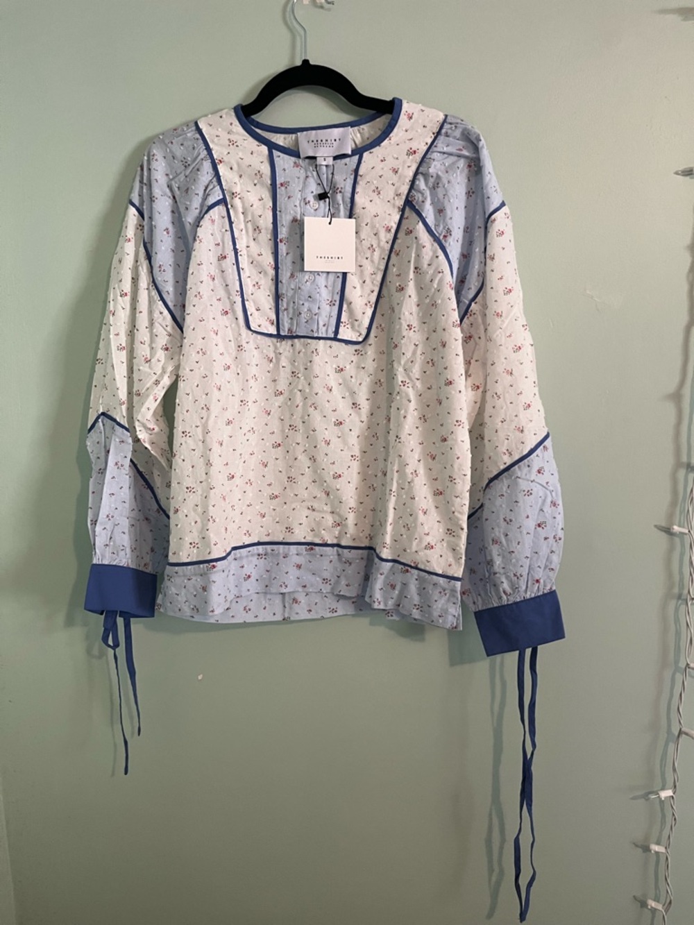 The Shirt Rochelle White Floral Pintuck Top with Blue Trim